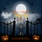 Halloween night background with creepy house, ghost, cemetery