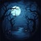 Halloween night background with dark forest and full moon, vector illustration.Generative AI