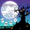 Halloween night background with flying ghost and bats hanging on scary tree house