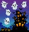 Halloween night background with flying ghost and scary castle in graveyard