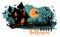 Halloween night background with a moon, haunted house, cemetery, pumpkins and a flying witch