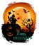 Halloween night background with a moon, haunted house, cemetery, pumpkins and a flying witch