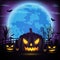 Halloween night background with pumpkin, naked trees, bat and full moon with dark background