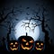 Halloween night background with pumpkins and haunted forest