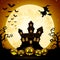 Halloween night background with pumpkins, witch flying, haunted castle and full moon