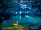 Halloween night background with scary house. 3d