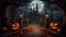 Halloween night background with scary moon and bat and pumpkin halloween party concept