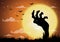 Halloween night background,zombie hands and full moon