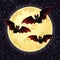 Halloween night with bats flying over moon.