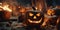 Halloween night. Candle lit Halloween Pumpkins. Halloween Backdrop with spooky pumpkins