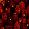 Halloween night city grunge red seamless pattern with european old houses, silhouettes of witches flying and bats