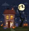 Halloween night city landscape with a haunted house. Vector illustration.