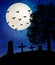 Halloween night, a deserted and abandon cemetery with gravestones and crosses. The moon is shining and the bats are out and chasin