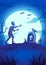 Halloween night illustration with big glowing moon, walking dead, tombstone and zombie hand