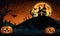 Halloween night mystery graveyard background with pumpkin