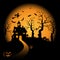 Halloween night orange background with witch and pumpkins castle