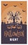 Halloween night party banner with pumpkin face scary, moon, scary tree, and tombstone illustration