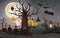 Halloween Night party with graveyard, full moon background, Abstract Halloween spooky tree