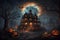 Halloween Night Scene Background with Castle in the Middle, Pumpkin, Bats and Big Full Moon