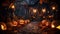 Halloween night spooky house decorated with spooky jack o\\\'lantern carved pumkins with glowing candles inside, for trick or