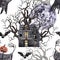 Halloween night themed seamless pattern. Watercolor spooky print. Haunted house, Jack O Lantern scarecrow, bats