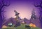 Halloween night, witch magic, dark forest and mountain landscape, cartoon character, fantasy story book, greeting card background