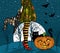 Halloween night. Witch with wizard hat in hand, black cat and pumpkin, big moon on background