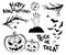 Halloween objects. Scary tree twigs, bats and pumpkin lanterns