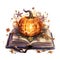 Halloween open book fantasy with pumpkin watercolor illustration, halloween clipart