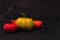 Halloween orange pumpkins with spiders. Happy halloween overhead black background