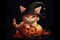 Halloween paint splatter illustration of cute ginger kitten, wearing black witch hat with his paws on Jack-o