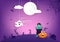 Halloween paper art, Boo! lettering message, pumpkin, spider, zombie, cat and spooky cartoon puppet characters with purple theme