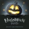 Halloween Party. 3D illustration of cute glowing Jack O Lantern black pumpkin character with big greeting signboard on black