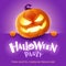 Halloween Party. 3D illustration of cute glowing Jack O Lantern orange pumpkin character with big greeting signboard on purple