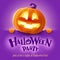 Halloween Party. 3D illustration of cute glowing Jack O Lantern orange pumpkin character with big greeting signboard on purple