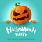 Halloween Party. 3D illustration of cute Jack O Lantern orange pumpkin character with big greeting signboard on teal background