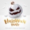 Halloween Party. 3D illustration of cute Jack O Lantern white pumpkin character with big greeting signboard on white background