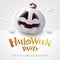 Halloween Party. 3D illustration of cute Jack O Lantern white pumpkin character with big greeting signboard on white background