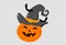 Halloween party background with happy pumpkin wears witches hat smiling with flying bats isolated  on png or transparent, blank