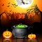 Halloween party background with pumpkins, pot and flying witches in full moon