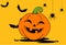 Halloween party background with smiles pumpkin looking at bats and spiders isolated on yellow texture, blank space for text,