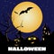 Halloween party banner, Fullmoon, Haunted House, Pumpkins and Bats.