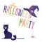 Halloween party banner with witchcraft items, flat vector illustration isolated.