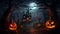 Halloween party card   pumpkins and skeleton in graveyard at night with wooden board