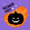 Halloween party cartoon poster with jack-o-lantern silhouette. Friendly pumpkin. Seasonal symbol on orange background with spiderw