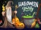 Halloween party cartoon vector poster with wizard