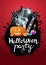 Halloween party, creative party invitation banner with microphone, guitars, pumpkins and flasks with potion.