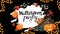 Halloween party, dark Halloween poster with Halloween balloons, autumn leafs, garland, wooden sign and pumpkin Jack