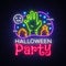 Halloween Party design template vector. Halloween greeting card, Light banner, neon style, night bright advertising