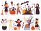 Halloween party elements. Scary holiday, celebration isolated stickers. Kids in costumes, sweet candy bat and black cat